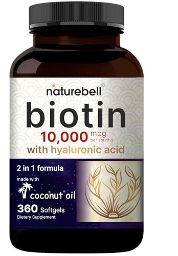 NatureBell Biotin 10000mcg + Hyaluronsäure 25mg | 360 Kokosöl-Softgel-Kapseln, Premium Biotin-Ergänzung für Haut, Haare und Nägel*