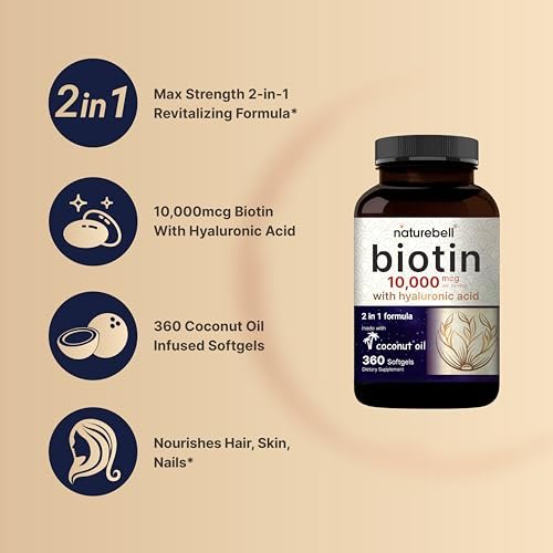 NatureBell Biotin 10000mcg + Hyaluronsäure 25mg | 360 Kokosöl-Softgel-Kapseln, Premium Biotin-Ergänzung für Haut, Haare und Nägel*