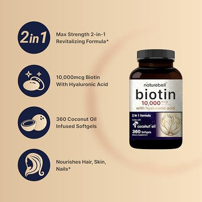 NatureBell Biotin 10000mcg + Hyaluronsäure 25mg | 360 Kokosöl-Softgel-Kapseln, Premium Biotin-Ergänzung für Haut, Haare und Nägel*