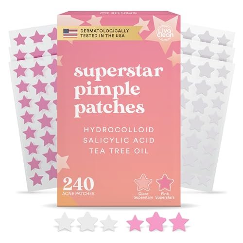 Livaclean 240 Star Pimple Patches für das Gesicht – Transparente & Rosa Pickelpatches Cute – Salicylsäure, Teebaumöl & Hydrokolloid Akne-Patches – Zit Stickers, Stern-Patch