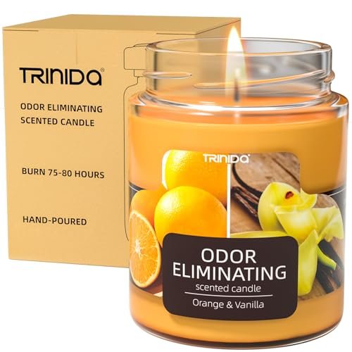 TRINIDa Orange & Vanilla Duftkerze – Geruchsentferner für Zuhause, beseitigt 99% von Haustier-, Rauch- und Essensgerüchen, hochduftend, Premium-Sojawachs-Kerzen-Set für Frauen