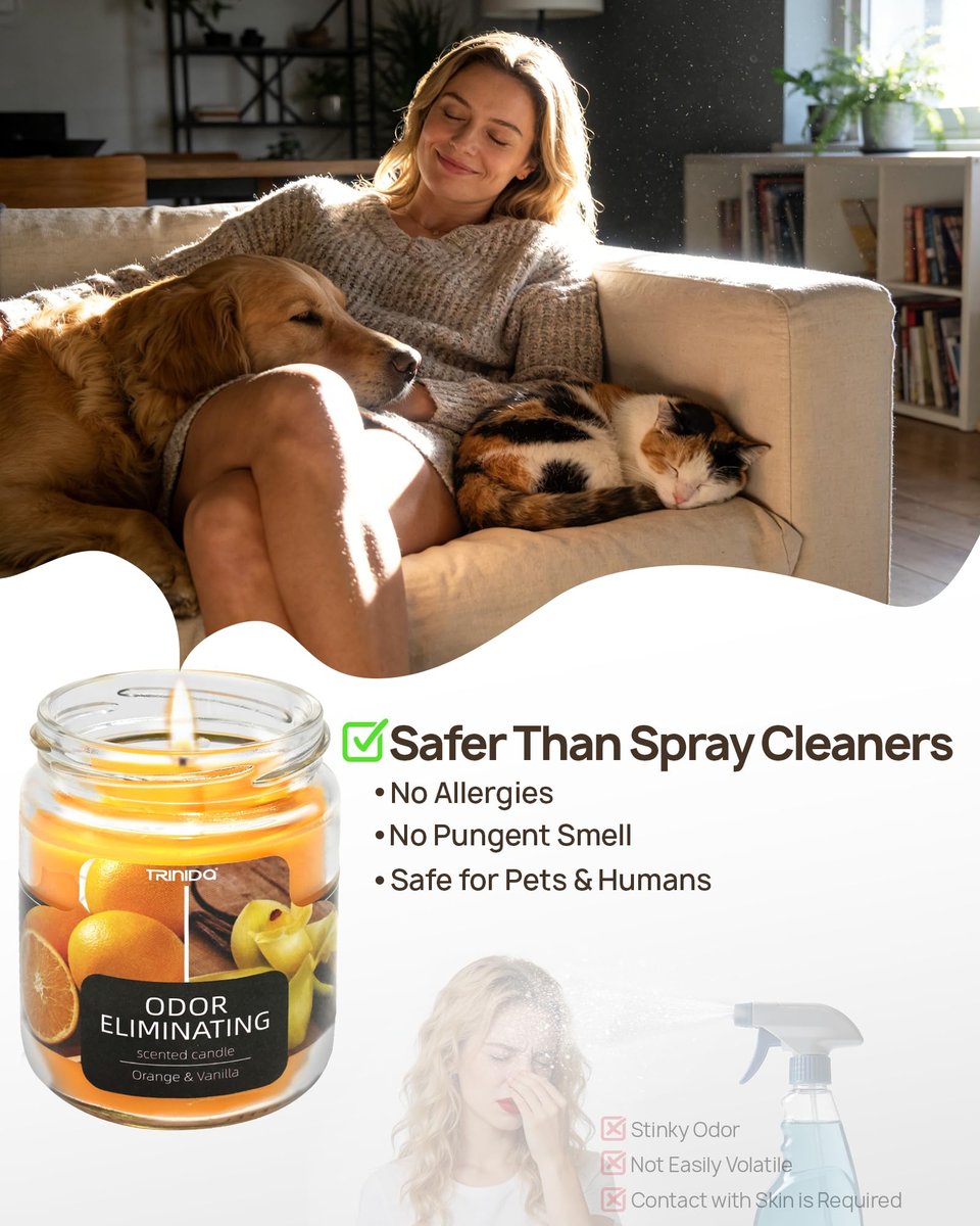 TRINIDa Orange & Vanilla Duftkerze – Geruchsentferner für Zuhause, beseitigt 99% von Haustier-, Rauch- und Essensgerüchen, hochduftend, Premium-Sojawachs-Kerzen-Set für Frauen