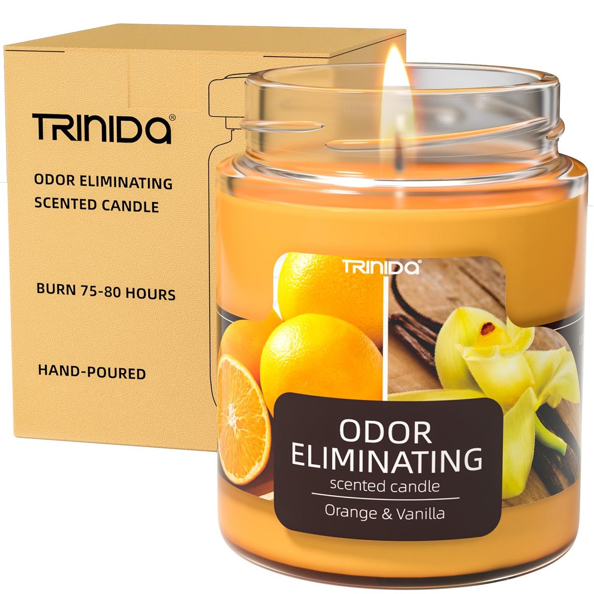 TRINIDa Orange & Vanilla Duftkerze – Geruchsentferner für Zuhause, beseitigt 99% von Haustier-, Rauch- und Essensgerüchen, hochduftend, Premium-Sojawachs-Kerzen-Set für Frauen