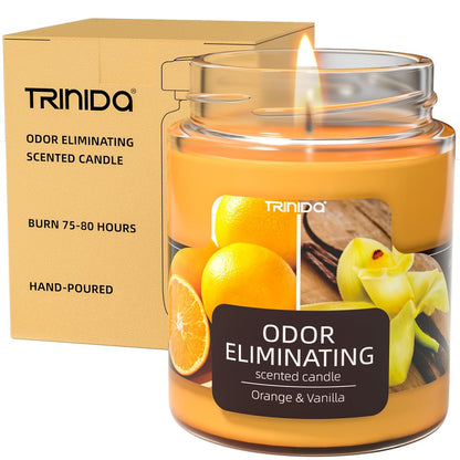 TRINIDa Orange & Vanilla Duftkerze – Geruchsentferner für Zuhause, beseitigt 99% von Haustier-, Rauch- und Essensgerüchen, hochduftend, Premium-Sojawachs-Kerzen-Set für Frauen
