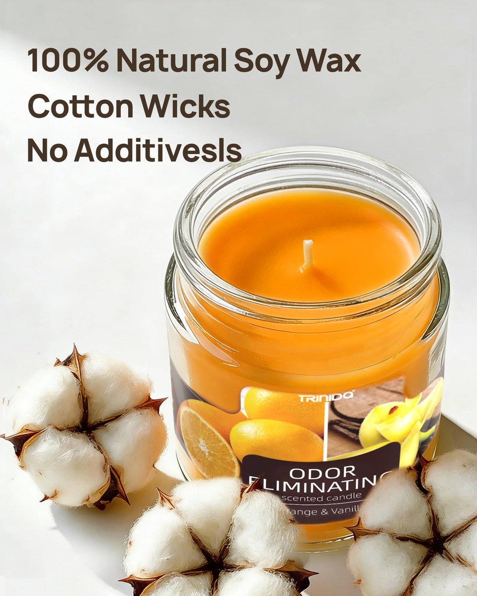 TRINIDa Orange & Vanilla Duftkerze – Geruchsentferner für Zuhause, beseitigt 99% von Haustier-, Rauch- und Essensgerüchen, hochduftend, Premium-Sojawachs-Kerzen-Set für Frauen