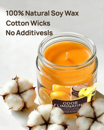 TRINIDa Orange & Vanilla Duftkerze – Geruchsentferner für Zuhause, beseitigt 99% von Haustier-, Rauch- und Essensgerüchen, hochduftend, Premium-Sojawachs-Kerzen-Set für Frauen