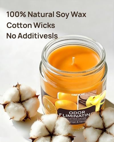 TRINIDa Orange & Vanilla Duftkerze – Geruchsentferner für Zuhause, beseitigt 99% von Haustier-, Rauch- und Essensgerüchen, hochduftend, Premium-Sojawachs-Kerzen-Set für Frauen