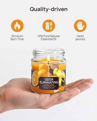 TRINIDa Orange & Vanilla Duftkerze – Geruchsentferner für Zuhause, beseitigt 99% von Haustier-, Rauch- und Essensgerüchen, hochduftend, Premium-Sojawachs-Kerzen-Set für Frauen