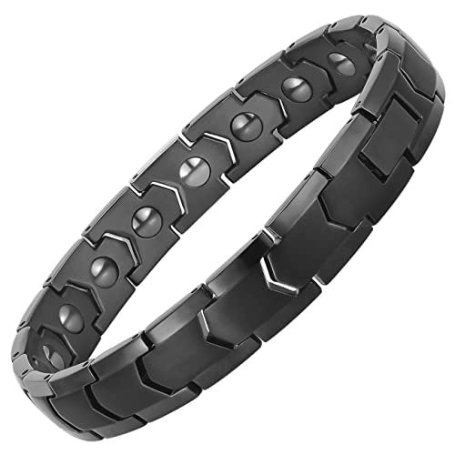 PUJANE Magnetische Hämatit Armband für Damen und Herren – 316L Edelstahl Power Balance Energie Edelsteinschmuck Geschenk mit Einstellwerkzeug (Schwarz)