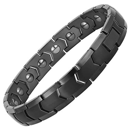 PUJANE Magnetische Hämatit Armband für Damen und Herren – 316L Edelstahl Power Balance Energie Edelsteinschmuck Geschenk mit Einstellwerkzeug (Schwarz)