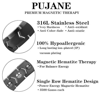 PUJANE Magnetische Hämatit Armband für Damen und Herren – 316L Edelstahl Power Balance Energie Edelsteinschmuck Geschenk mit Einstellwerkzeug (Schwarz)