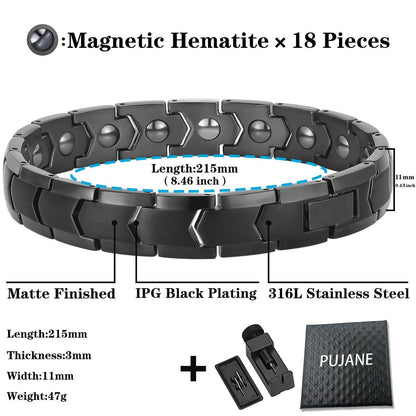 PUJANE Magnetische Hämatit Armband für Damen und Herren – 316L Edelstahl Power Balance Energie Edelsteinschmuck Geschenk mit Einstellwerkzeug (Schwarz)