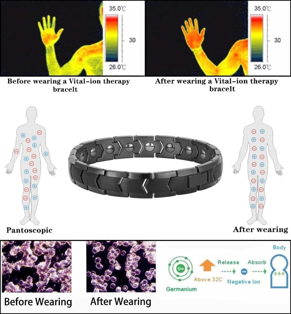 PUJANE Magnetische Hämatit Armband für Damen und Herren – 316L Edelstahl Power Balance Energie Edelsteinschmuck Geschenk mit Einstellwerkzeug (Schwarz)