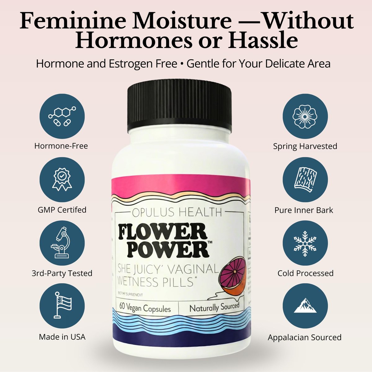 Flower Power Vaginale Feuchtigkeitsunterstützung Kapseln für Frauen – Vaginale Trockenheit Ergänzung mit pulverisierter Ulmenrinde | Unterstützt das vaginale Wohlbefinden während der Menopause & Stress | 60 Kapseln, hergestellt in den USA