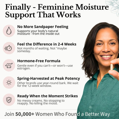 Flower Power Vaginale Feuchtigkeitsunterstützung Kapseln für Frauen – Vaginale Trockenheit Ergänzung mit pulverisierter Ulmenrinde | Unterstützt das vaginale Wohlbefinden während der Menopause & Stress | 60 Kapseln, hergestellt in den USA