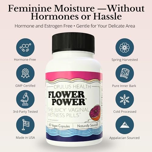 Flower Power Vaginale Feuchtigkeitsunterstützung Kapseln für Frauen – Vaginale Trockenheit Ergänzung mit pulverisierter Ulmenrinde | Unterstützt das vaginale Wohlbefinden während der Menopause & Stress | 60 Kapseln, hergestellt in den USA
