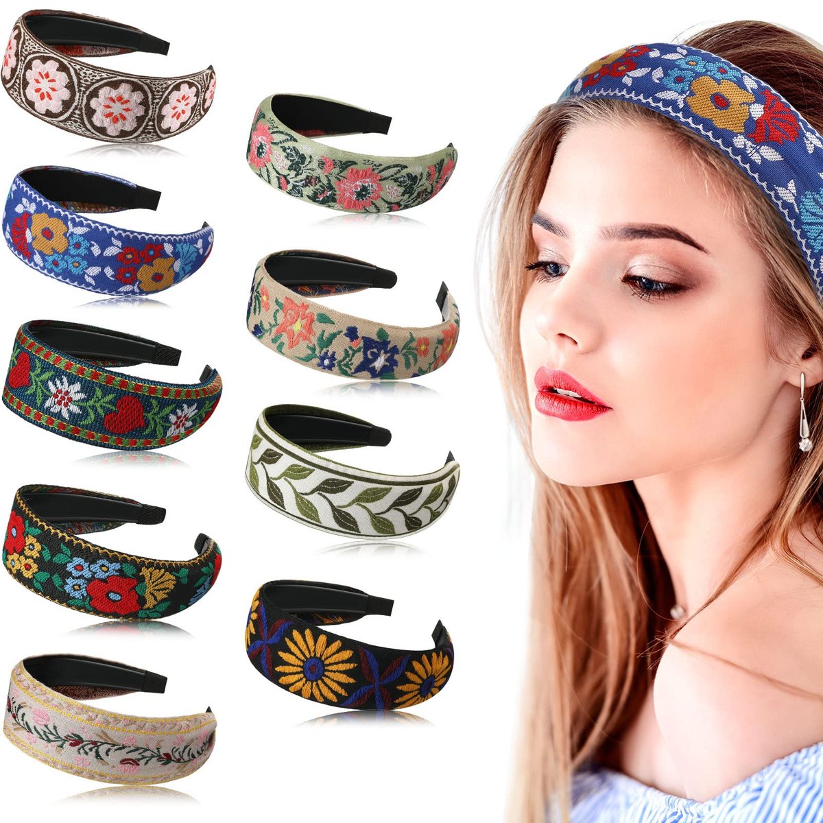 Geosar 9er-Pack Boho-Stickkopfband für Frauen – Bohemian Blumen Handgemachte Breite Stirnbänder Vintage Ethno-Stil Haarbänder Turban für Mädchen Haarschmuck, 9 Designs