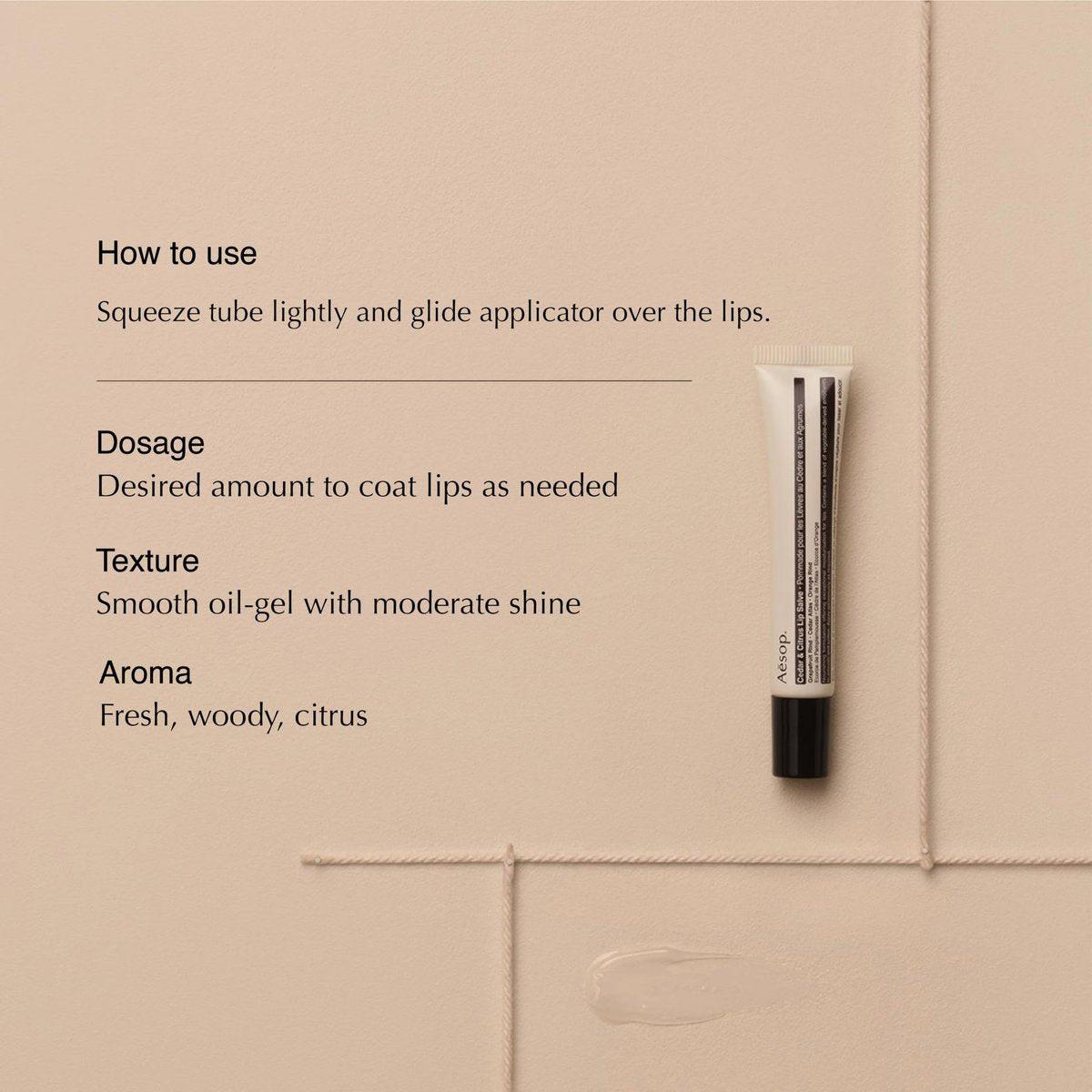 Aesop Cedar & Citrus Lip Balm | Pflegende Lippenpflege für trockene, rissige Lippen | Geschmeidige Öl-Gel-Formel | 9 ml