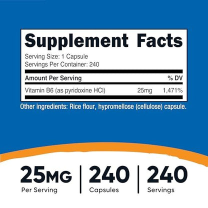 Nutricost Vitamin B6 (Pyridoxin-HCl) 25mg, 240 Kapseln – Non-GMO, glutenfrei und vegetarisch