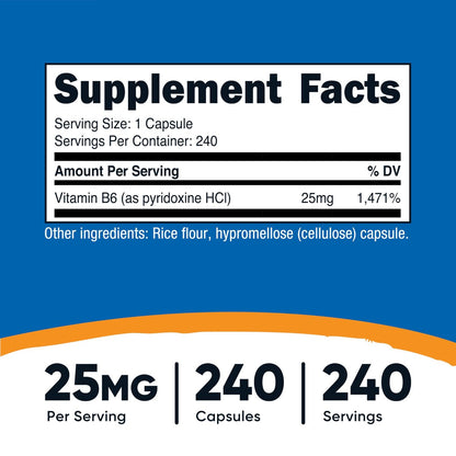 Nutricost Vitamin B6 (Pyridoxin-HCl) 25mg, 240 Kapseln – Non-GMO, glutenfrei und vegetarisch
