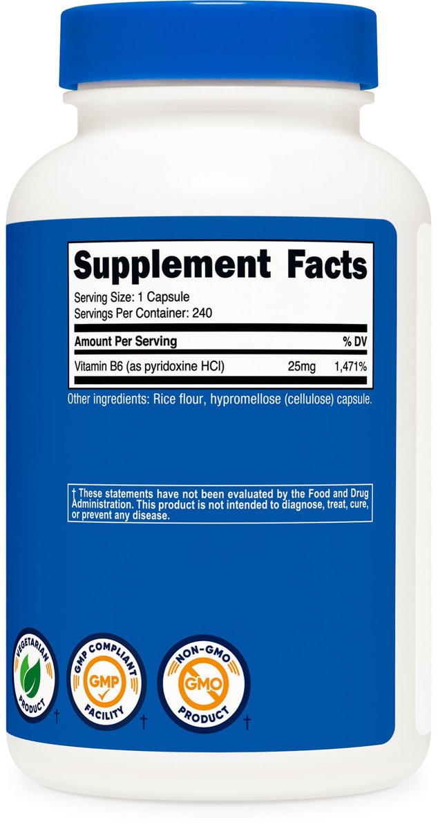 Nutricost Vitamin B6 (Pyridoxin-HCl) 25mg, 240 Kapseln – Non-GMO, glutenfrei und vegetarisch