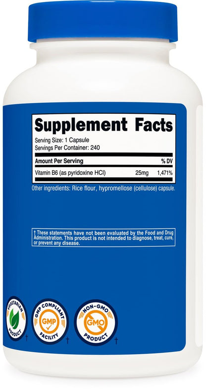 Nutricost Vitamin B6 (Pyridoxin-HCl) 25mg, 240 Kapseln – Non-GMO, glutenfrei und vegetarisch