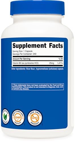 Nutricost Vitamin B6 (Pyridoxin-HCl) 25mg, 240 Kapseln – Non-GMO, glutenfrei und vegetarisch