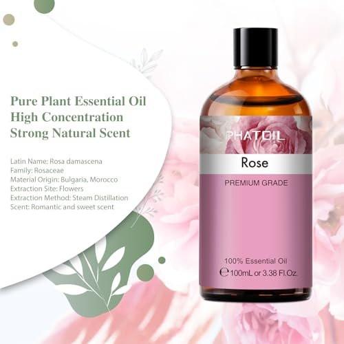 PHATOIL Rosenöl 3,38 FL.OZ mit Glas-Tropfer – 100 % reines ätherisches Öl für Aromatherapie-Diffuser, Luftbefeuchter, DIY-Kerzen- und Seifenherstellung, 100 ml Flasche