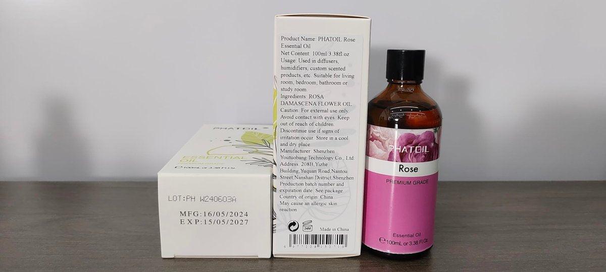 PHATOIL Rosenöl 3,38 FL.OZ mit Glas-Tropfer – 100 % reines ätherisches Öl für Aromatherapie-Diffuser, Luftbefeuchter, DIY-Kerzen- und Seifenherstellung, 100 ml Flasche