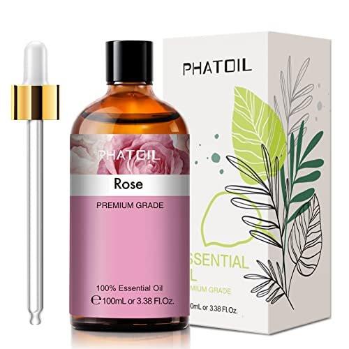 PHATOIL Rosenöl 3,38 FL.OZ mit Glas-Tropfer – 100 % reines ätherisches Öl für Aromatherapie-Diffuser, Luftbefeuchter, DIY-Kerzen- und Seifenherstellung, 100 ml Flasche