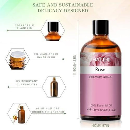 PHATOIL Rosenöl 3,38 FL.OZ mit Glas-Tropfer – 100 % reines ätherisches Öl für Aromatherapie-Diffuser, Luftbefeuchter, DIY-Kerzen- und Seifenherstellung, 100 ml Flasche