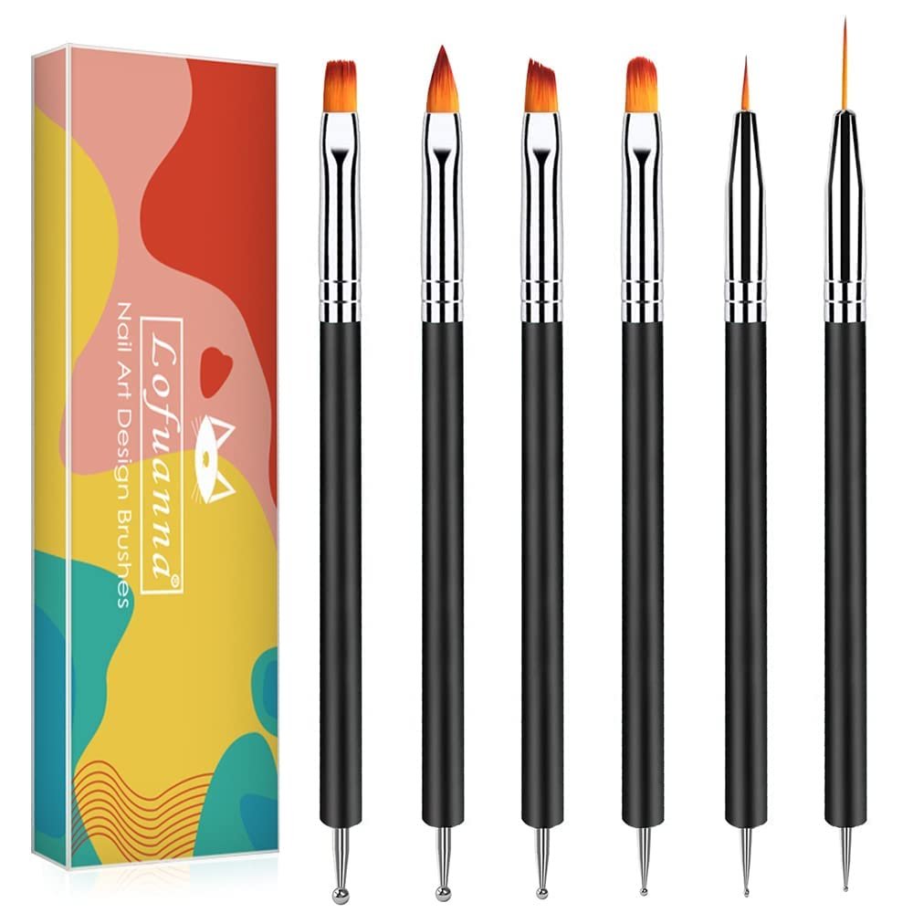 Lofuanna Nail Art Pinselset – 6 Doppelend-Feinstpinsel, Dotting-Pen, Nagelverlängerungs-Gel-Pinsel, Builder Gel Pinsel für DIY Maniküre