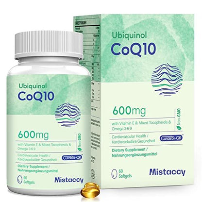 CoQ10 600 mg Weichkapseln | Hochabsorbierbares CoQ10 Ubiquinol Supplement | Reduzierte Form mit Vitamin E & Omega 3 6 9 | Antioxidans Kraftpaket für die Gesundheit | 60 Weichkapseln