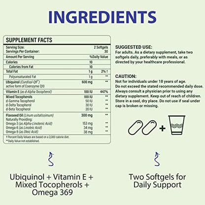CoQ10 600 mg Weichkapseln | Hochabsorbierbares CoQ10 Ubiquinol Supplement | Reduzierte Form mit Vitamin E & Omega 3 6 9 | Antioxidans Kraftpaket für die Gesundheit | 60 Weichkapseln