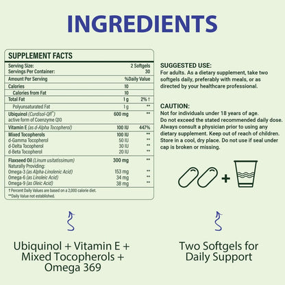 CoQ10 600 mg Weichkapseln | Hochabsorbierbares CoQ10 Ubiquinol Supplement | Reduzierte Form mit Vitamin E & Omega 3 6 9 | Antioxidans Kraftpaket für die Gesundheit | 60 Weichkapseln