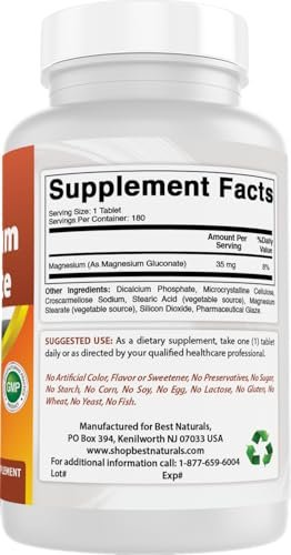 Best Naturals Magnesium Gluconat (35 mg elementares Magnesium aus 600 mg Magnesiumgluconat) 180 Tabletten