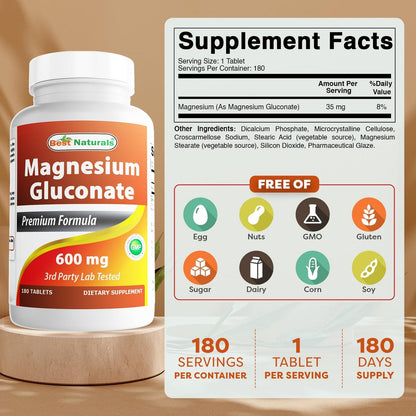 Best Naturals Magnesium Gluconat (35 mg elementares Magnesium aus 600 mg Magnesiumgluconat) 180 Tabletten