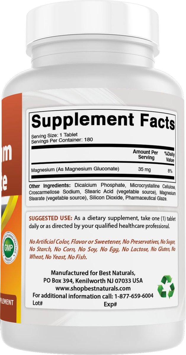 Best Naturals Magnesium Gluconat (35 mg elementares Magnesium aus 600 mg Magnesiumgluconat) 180 Tabletten