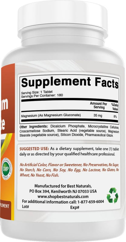 Best Naturals Magnesium Gluconat (35 mg elementares Magnesium aus 600 mg Magnesiumgluconat) 180 Tabletten