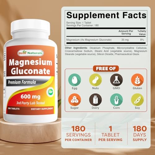 Best Naturals Magnesium Gluconat (35 mg elementares Magnesium aus 600 mg Magnesiumgluconat) 180 Tabletten