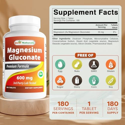 Best Naturals Magnesium Gluconat (35 mg elementares Magnesium aus 600 mg Magnesiumgluconat) 180 Tabletten