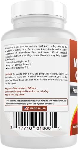Best Naturals Magnesium Gluconat (35 mg elementares Magnesium aus 600 mg Magnesiumgluconat) 180 Tabletten
