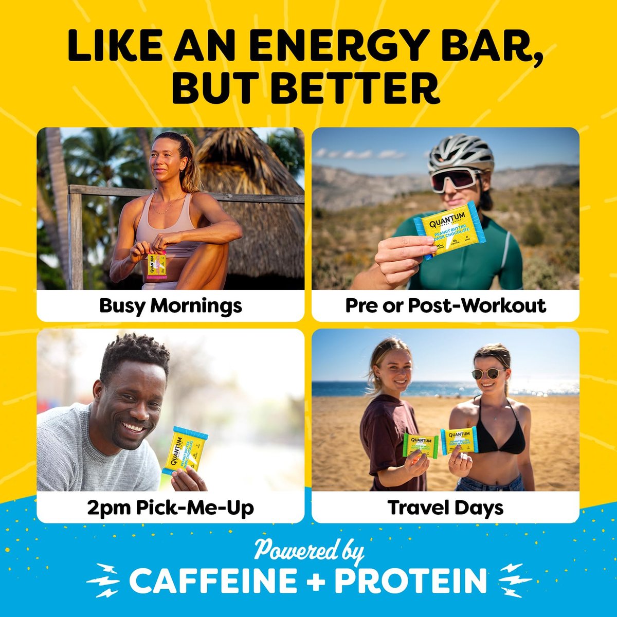 Quantum Energy Square: Energieriegel mit Koffein & 10g Protein – Leckerer, gesunder Snack für unterwegs (Vegan, glutenfrei, sojafrei, milchfrei) – Karamell-Mandel-Meersalz (8er Pack)