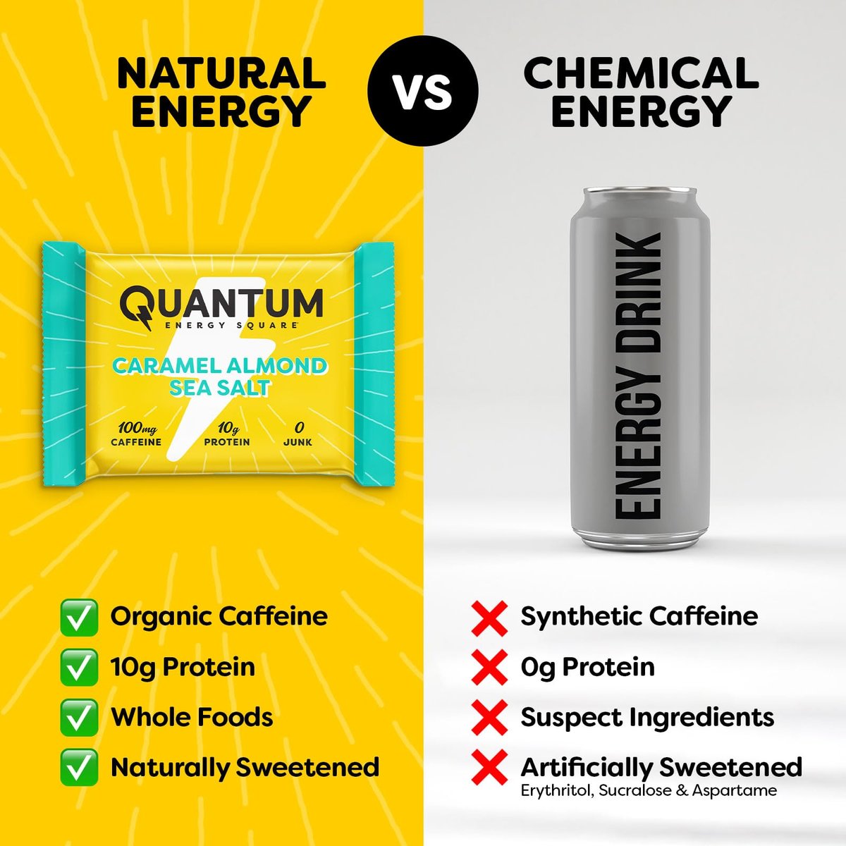 Quantum Energy Square: Energieriegel mit Koffein & 10g Protein – Leckerer, gesunder Snack für unterwegs (Vegan, glutenfrei, sojafrei, milchfrei) – Karamell-Mandel-Meersalz (8er Pack)