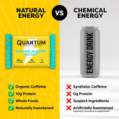 Quantum Energy Square: Energieriegel mit Koffein & 10g Protein – Leckerer, gesunder Snack für unterwegs (Vegan, glutenfrei, sojafrei, milchfrei) – Karamell-Mandel-Meersalz (8er Pack)