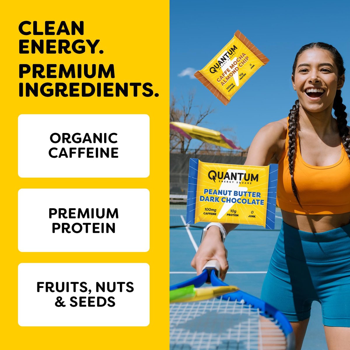 Quantum Energy Square: Energieriegel mit Koffein & 10g Protein – Leckerer, gesunder Snack für unterwegs (Vegan, glutenfrei, sojafrei, milchfrei) – Karamell-Mandel-Meersalz (8er Pack)