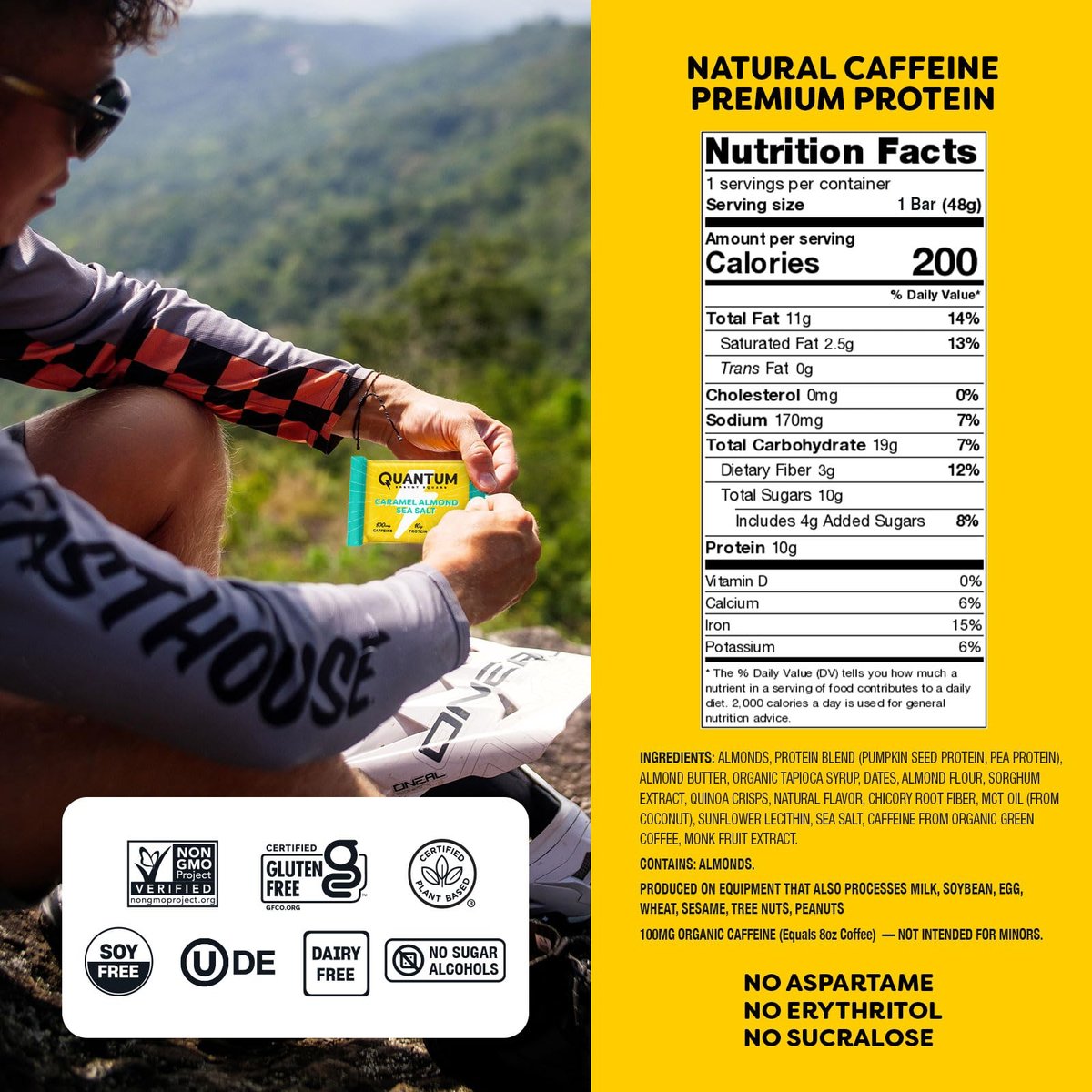 Quantum Energy Square: Energieriegel mit Koffein & 10g Protein – Leckerer, gesunder Snack für unterwegs (Vegan, glutenfrei, sojafrei, milchfrei) – Karamell-Mandel-Meersalz (8er Pack)