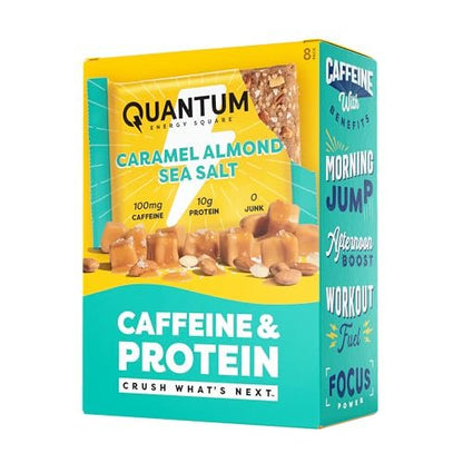 Quantum Energy Square: Energieriegel mit Koffein & 10g Protein – Leckerer, gesunder Snack für unterwegs (Vegan, glutenfrei, sojafrei, milchfrei) – Karamell-Mandel-Meersalz (8er Pack)
