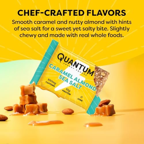 Quantum Energy Square: Energieriegel mit Koffein & 10g Protein – Leckerer, gesunder Snack für unterwegs (Vegan, glutenfrei, sojafrei, milchfrei) – Karamell-Mandel-Meersalz (8er Pack)
