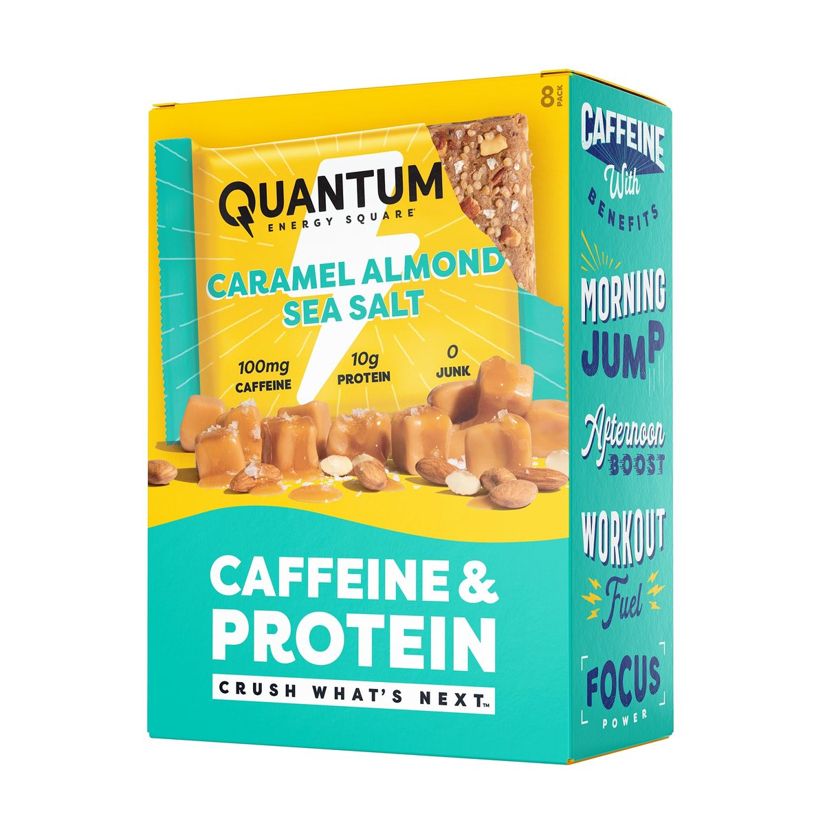 Quantum Energy Square: Energieriegel mit Koffein & 10g Protein – Leckerer, gesunder Snack für unterwegs (Vegan, glutenfrei, sojafrei, milchfrei) – Karamell-Mandel-Meersalz (8er Pack)